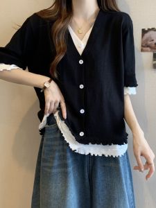 Large Size Belly Covered V Neck Stringy Selvedge Short Sleeve T-shirt Female Summer Chubby Girl Slimming False Two-Piece Knitted Underwear Top Tide