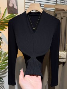 เสื้อยืดคอกว้างแขนยาวสีดำ ทรงเข้ารูป สำหรับผู้หญิง แฟชั่นฤดูใบไม้ร่วง 2025 ทรงเข้ารูป ระบายอากาศได้ดี แขนยาว คอกลม