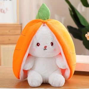 Bunny Plush Doll Toy Pillow Reversible Carrot Strawberry Bunny Stuffed Animal with Zipper Cute Rabbit Decoration for Kids