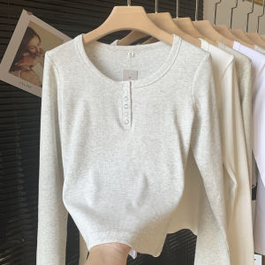 Fashionable Slim Fit Long Sleeve round Neck Cotton T-Shirt Womens Inner Wear Base Shirt 2025 New Style Ribbed Button up Top