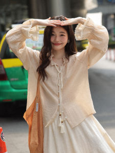 French Tie-Up Long Sleeve Loose Blouse