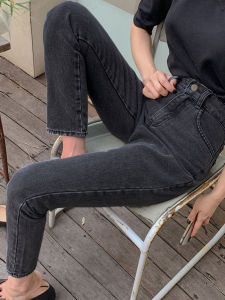 High Waist Slim Fit Straight Leg Jeans Womens Fleece Lined Autumn Winter Black Grey Commute Style Cotton Stretch Denim