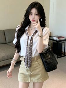 GUZILIAN | Áo Sơ Mi Hàn Quốc Kiểu Dáng Thoáng Ôm Màu Đơn Giản Có Cổ Trụ kèm Khăn Chấm Bi