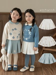 Cute Rabbit Embroidered Cotton Lined Pleated Skirt for Girls Anti-Light Spring Autumn Soft And Lovely Half Body Skirt Trendy