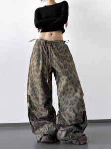 Retro American Leopard Print Wide Leg Pants Women Loose Slimming Hiphop Dancing Sports Drawstring Casual Workwear Trousers