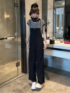 Fashionable High Waist Overalls Slimming Summer Outfit Two Piece Set for plus Size Women Short Sleeve round Neck Long Pants