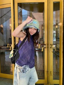 High-End Feeling Blue and Purple Plaid Collarless Tank Top for Women Original Design Hanging-Neck Regular Length