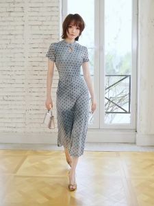 Blue Dotted Chinese-Style Cheongsam Dress Short Sleeve Fitted Waist