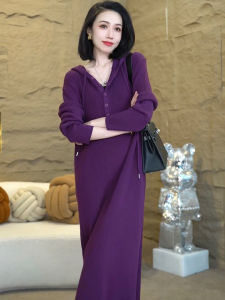 ชุดเดรสถักขนสัตว์คอตตอนสไตล์เกาหลี ทรงหลวม ความยาวปานกลาง สำหรับผู้หญิง ช่วงฤดูใบไม้ร่วงและฤดูหนาว ชุดเดรสยาวคลุมเข่า