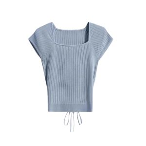 YUEZHONGWEI | White Hollow Out Knitted Short Sleeve T-Shirt Womens Summer Slim Fit Square Collar Ice Silk Top Fashionable Korean Style