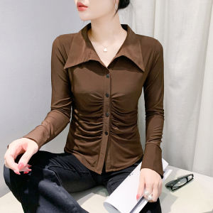 REHIN เสื้อยืดแขนยาวแต่งระบายติดกระดุมสำหรับฤดูใบไม้ร่วงใหม่-2024สีทึบหรูหราทันสมัยและอเนกประสงค์สำหรับเสื้อผู้หญิงชุดทำงานชิค