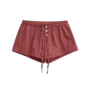 Summer Casual Wide Leg Short Pants Womens Red Plaid Elastic Waist Home Comfortable Shorts Beach Loose Fit Regular Thickness