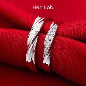 Her Lab Jewelry | S925 sterling silver couple rings men and womens open adjustable rings moissanite diamonds love together Valentines Day gifts pt950 plated rings custom engraving