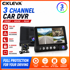 EKLEVA 4 inch Three Lens Car DVR HD 1080P 170 Wide Angle Cycle Recorder G-Sensor Motion Detection Dashcam With Rear View Camera