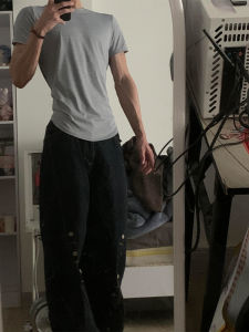 Light Grey American Retro Mens Short Sleeve Summer Pure Cotton Heavyweight T-Shirt Slim Fit Muscular Shoulder Half Sleeve