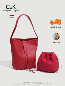 กระเป๋าถือขนาดใหญ่สีแดงสำหรับเจ้าสาว กระเป๋าสะพายไหล่สำหรับใช้ในชีวิตประจำวัน กระเป๋าถือแบบถัง เหมาะกับฤดูใบไม้ร่วง ปิดด้วยซิป