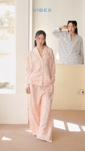 VIBES Pijama dài tay phom rộng Freesize 45-65kg chất liệu đũi cotton họa tiết Long Sleeve Set mặc nhà đi chơi