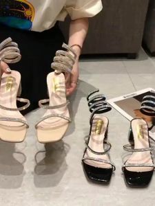 2024 New Sandals Womens Korean Edition Fashion Diamond Coarse Heel Serpentine Wrapped Shoes
