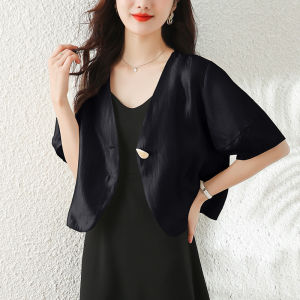 Womens Casual Short Sleeve Blouse V-Neck Lantern Sleeve Pure Color Commute Style Outerwear Cardigan Spring Summer Fashion
