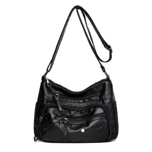 Middle-Aged Womens Cross-Body Bag Washed Leather Autumn and Winter Large Capacity Travel Bag All-Match Commute One Shoulder Waterproof Soft Leather Bag