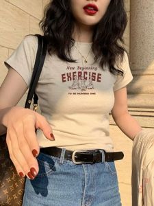 Summer Short Sleeve T-Shirt Womens Retro American Print Slim Fit Base Layer Inner Wear Short Top High Waist Cotton Blend