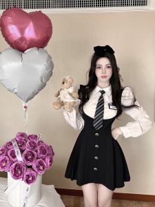 plus Size College Style Short Dress Womens Early Autumn New Design Sensual Girl Dress Pure Color V Neck High Waist a Line Skirt