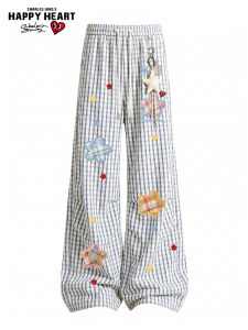 CHARLES JANGS HAPPY HEART | Loose Large Floral Print Plaid Pants