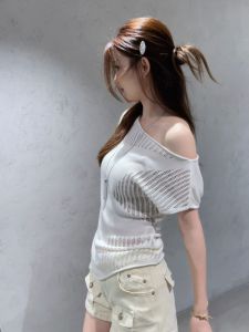 YUEZHONGWEI | Asymmetric Design Slanted Shoulder Hollow Ice Silk Short Sleeve Off-Shoulder Knitwear