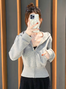 SUHUIQIAN | Gray Hooded Long Sleeve Zip-Up Waist-accentuating Short Coat Womens Top