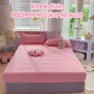 3 in 1 Bedsheet No Lukot No Gusot(With 2 Pillowcases)Plain Bed Sheet Cover With Garter