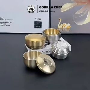 Chén bát inox 304 2 lớp kiểu Hàn Quốc GORILLA CHEF có nắp đậy đảm bảo an toàn cho sức khỏe