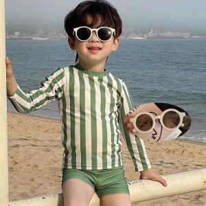 Kids Summer Long-Sleeve Sunscreen Swimwear Boy Baby Separates Quick-Drying Swimwear Children Handsome Stripes Swimsuit