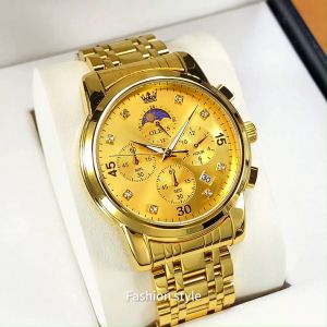 OLEVS Watch Men Original Fashion Luxury Diamond Dial Waterproof Luminous Multi-function Timing Sun and Moon Phase Calendar Stainless Steel Quartz Mens Watch