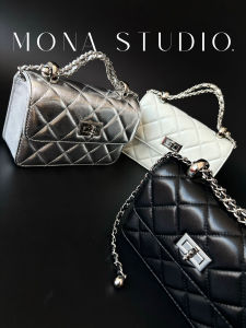 Silver Double Ball Tofu Bag Womens Genuine Leather High-End Sensation Diamond Chain Shoulder Crossbody Small Square Bag