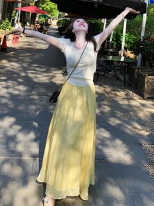 XIAOQIAOJIA | Bộ đồ hai mảnh thời trang mùa hè 2025 phong cách Hàn Quốc Dopaamine váy dài cạp cao tay ngắn váy chữ A màu trơn