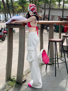 High Waist American Style Work Pants Womens Summer New Loose Straight Leg Casual Trousers Multi Pockets White Denim Jeans