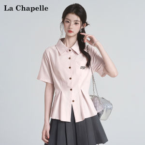 La Chapelle | French Pink Notch Collar Short Sleeve Shirt Womens Summer Tie Top