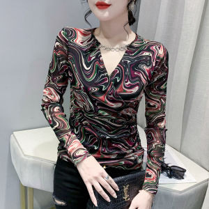 YIMEI เสื้อกล้ามคอวีแขนยาวสำหรับเข้ารูปพอดีฤดูใบไม้ร่วงสำหรับผู้หญิง2023แฟชั่นใหม่เสื้อยืดพิมพ์ลายโซ่ตาข่ายประดับเพชร