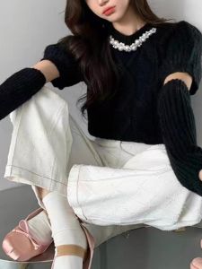 plus Size Womens Pullover Sweater Pearl Necklace Decorated Thickening Slimming Versatile Needle 2023 Autumn New Style Korean Commute Pure Color