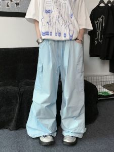 กางเกงขายาวทรงตรงสีฟ้าอ่อนสำหรับผู้หญิงและผู้ชาย กางเกงขายาวทรงตรงขากว้างสไตล์สตรีทสำหรับฤดูใบไม้ผลิและฤดูใบไม้ร่วง