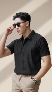 Korean polo shirt Kaos kerah pria lengan pendek sllimfit bahan Manggo knit motif salur Terbaru