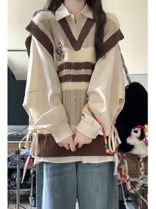 Furry Embroidered College Style Vest Sweater Womens Student Set with Apricot Shirt Two-Piece/Set Knitted Fashion Ensemble