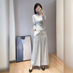 DANTING | Elegant Two-piece Suit Stylish Cinched Waist Light Gray Shirt Set