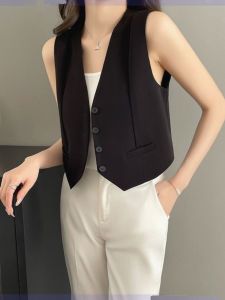 Summer New Style Womens Slim Fit Sleeveless V-Neck Vest Single Button Black Trendy Short Length Commute Style Fashion