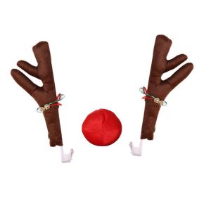 Christmas Car Reindeer Antlers Set with Red Nose Tail Jingle Bells Rudolph Costume Holiday Car Decoration Accessories Pendant