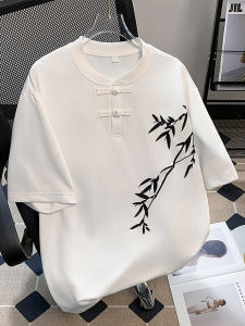 Loose Fit round Neck Short Sleeve T-Shirt Embroidered Bamboo Design Summer Casual Wear for Men Youth Fashion Basic Style