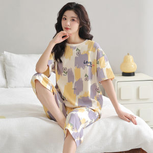 miiow | Pure Cotton Short Sleeve Sleepwear Set For Women Summer New Style Comfortable Home Clothes Large Size Seven-Foot Pants