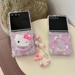 Sanrio | Ốp Điện Thoại Samsung Galaxy ZFlip 8 7 6 5 Hình Hello Kitty Hoạt Hình Dễ Thương Thiết Kế Nơ Hồng Toàn Màn Hình Kèm Móc Treo Chống Sốc