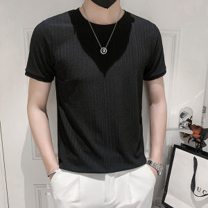 เสื้อยืดแขนสั้นผ้าไหมน้ำแข็งทรงสลิมฟิตสำหรับผู้ชาย เสื้อยืดคอกลมแขนสั้นผ้าไนลอนผสม ทรงเข้ารูป ระบายอากาศได้ดี ใส่สบาย ช่วงฤดูร้อน