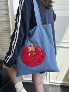Large Capacity Embroidered Canvas Tote Bag Commuter Style Denim Single Shoulder Bag Student Class Bag Korean System Bag